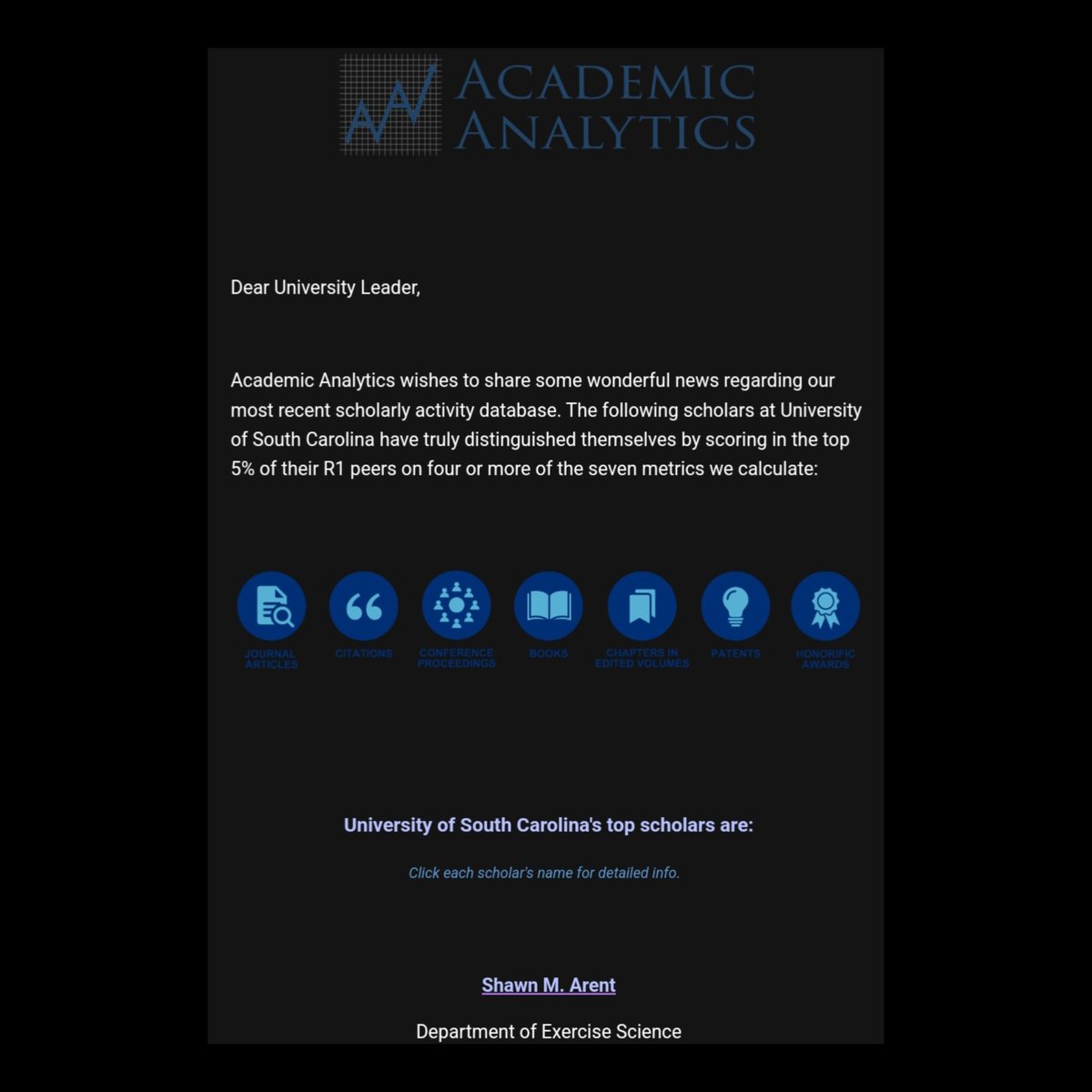 Shawn M. Arent, PhD (@shawnarent) on Twitter photo This was a nice surprise! 1 of just 9 from <a href="/UofSC/">University of South Carolina</a>. Pretty awesome to see 3 of those from <a href="/USCArnoldSchool/">USC Arnold School of Public Health</a>. Grateful for <a href="/UofSCSportSci/">USC Sport Science Lab</a> & <a href="/UofSCExSci/">USC Dept of Exercise Science</a>.
#sportscience This was a nice surprise! 1 of just 9 from <a href="/UofSC/">University of South Carolina</a>. Pretty awesome to see 3 of those from <a href="/USCArnoldSchool/">USC Arnold School of Public Health</a>. Grateful for <a href="/UofSCSportSci/">USC Sport Science Lab</a> & <a href="/UofSCExSci/">USC Dept of Exercise Science</a>.
#sportscience