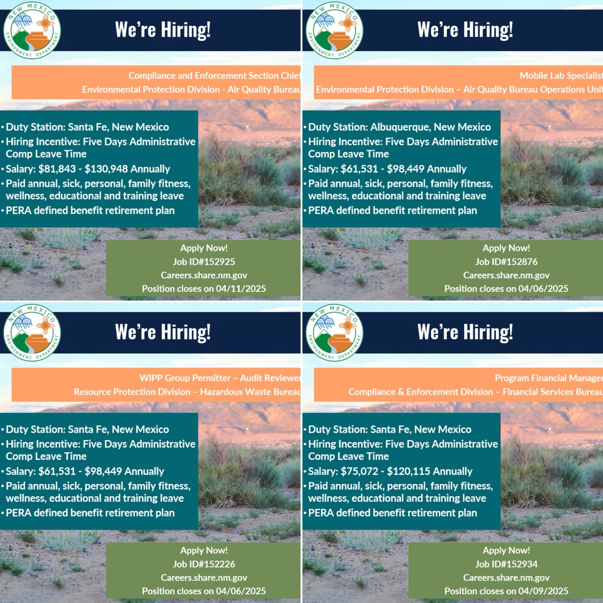 NMEnvDep's tweet photo. Are you ready to accelerate your career and make a positive impact? Join the New Mexico Environment Department where growth meets opportunity. Dive in and discover more: https://t.co/eKu5xIWLwk ๐ #CareerOpportunity #NMED https://t.co/OEVLkMImWx