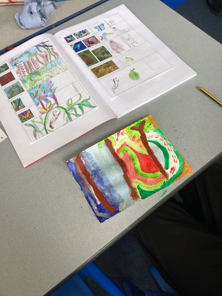 TH_Year6's tweet image. We are creating artwork inspired by the work of John Dyer using acrylic paint in bright colours to represent the rainforest. @TangHallPrimary @PathfinderMAT