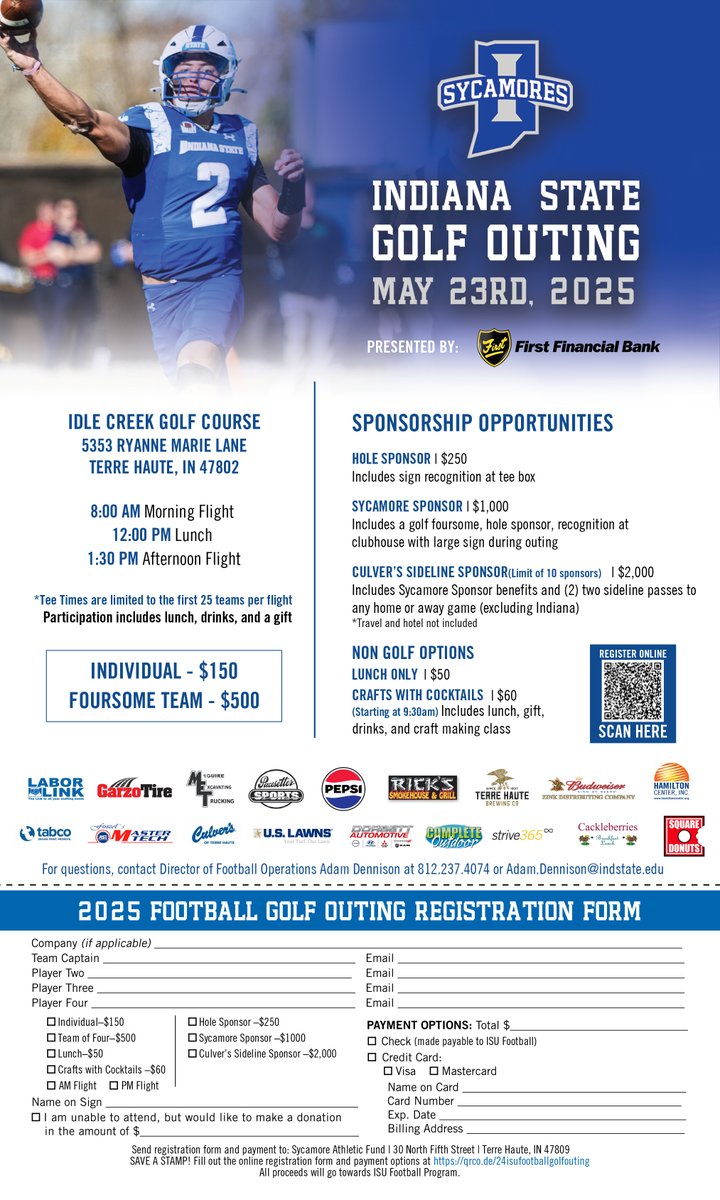 IndStFB's tweet image. Registration is now open for the 2025 Sycamore Football Golf Outing presented by @BankAtFirst 

Register Online: tinyurl.com/m7ejdt8r
Read More: tinyurl.com/hwh82fb8

#MarchOn