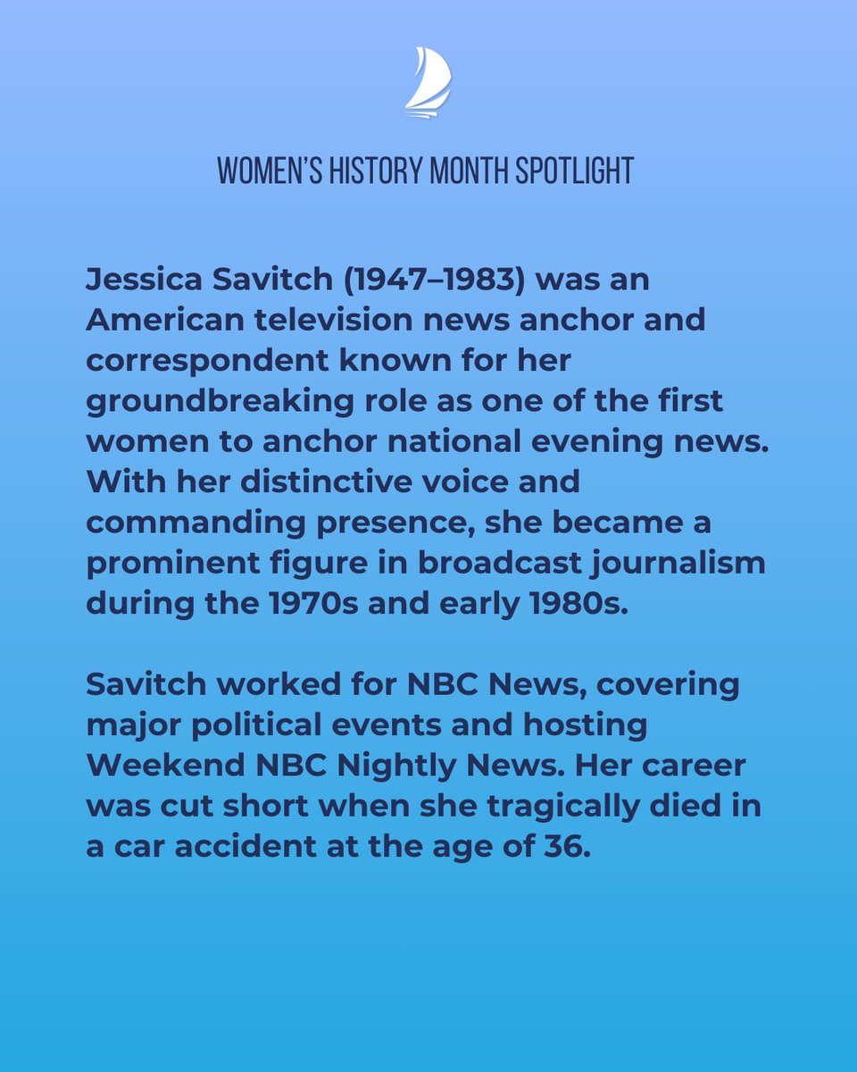 Women’s History Month spotlight of the week: Jessica Savitch.⁠
⁠
Swipe to read more about Jessica's life and legacy.