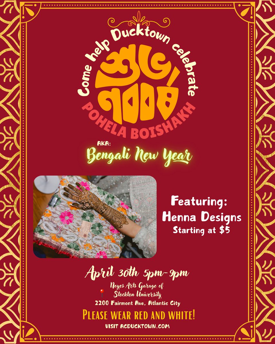 ‼️Come visit our henna station on April 30‼️ 

Receive stunning henna designs by talented artist Sadia Leera🌸

Starting at just $5🤯

Embrace the beauty of Pohela Boishakh✨

⏰ 5:00 to 9:00 PM⁠ 
📍 Noyes Arts Garage of Stockton University, 2200 Fairmount Avenue, Atlantic City