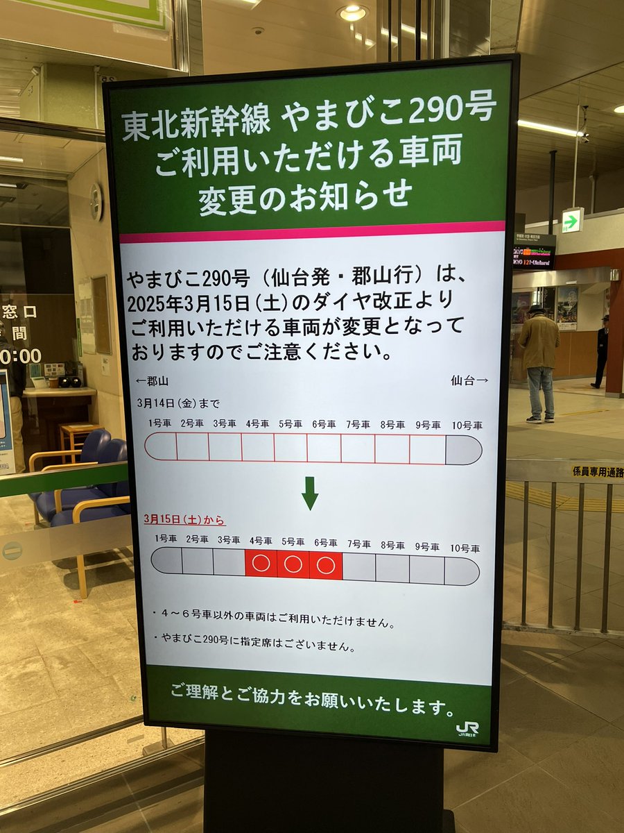 図らずも仙台発郡山行最終のやまびこ号に乗りました。乗車できる車両は