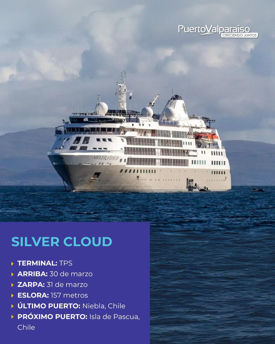 Puerto Valparaíso (@portvalparaiso) on Twitter photo #CruceroEnValparaíso🚢 Damos la bienvenida a Silver Cloud 🤩
El crucero se encuentra en <a href="/TPS_Valparaiso/">TPS Valparaíso</a> y zarpará el 31 de marzo a las 20:00 horas con destino a Isla de Pascua, Chile. #CruceroEnValparaíso🚢 Damos la bienvenida a Silver Cloud 🤩
El crucero se encuentra en <a href="/TPS_Valparaiso/">TPS Valparaíso</a> y zarpará el 31 de marzo a las 20:00 horas con destino a Isla de Pascua, Chile.