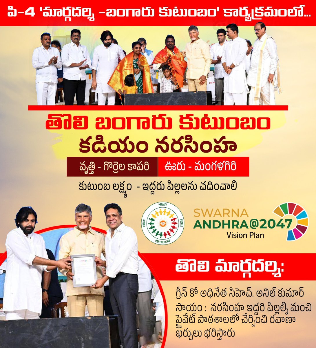 JaiTDP's tweet image. సమాజంలో ఉన్నత స్థాయిలో ఉన్న 10 శాతం మంది...  నిరుపేదలుగా ఉన్న 20 శాతం మందితో కలిసి పని చేయడమే పి-4 కార్యక్రమం. ఇందులో ఒక పేద (బంగారు) కుటుంబానికి ఉన్నత స్థాయిలో ఉన్న ఒకరు మార్గదర్శిగా ఉండి ఆ కుటుంబానికి అవసరమైన సాయాన్ని అందించి వృద్ధిలోకి తెస్తారు.
#P4Model…