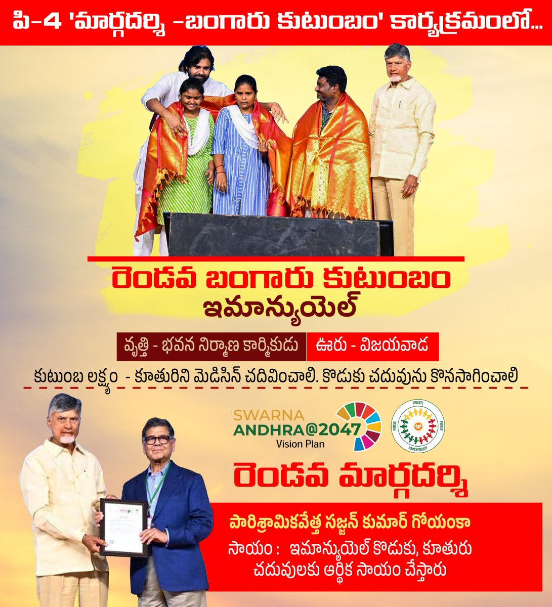 JaiTDP's tweet image. సమాజంలో ఉన్నత స్థాయిలో ఉన్న 10 శాతం మంది...  నిరుపేదలుగా ఉన్న 20 శాతం మందితో కలిసి పని చేయడమే పి-4 కార్యక్రమం. ఇందులో ఒక పేద (బంగారు) కుటుంబానికి ఉన్నత స్థాయిలో ఉన్న ఒకరు మార్గదర్శిగా ఉండి ఆ కుటుంబానికి అవసరమైన సాయాన్ని అందించి వృద్ధిలోకి తెస్తారు.
#P4Model…
