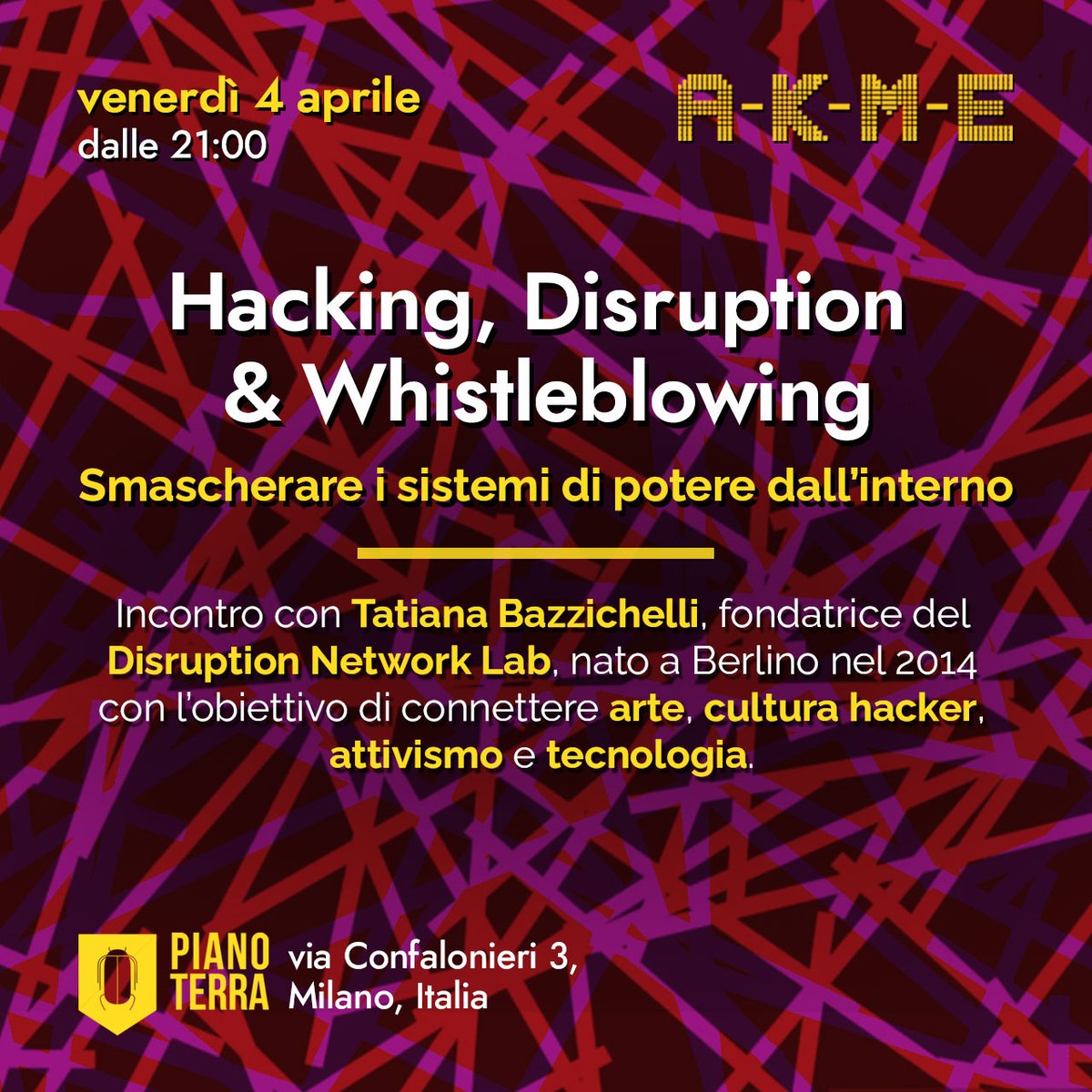 If you are in #Milan on 4. &amp; 5. April: 📢 <a href="/t_bazz/">Tatiana Bazzichelli</a> will be speaking about "Hacking, Disruption &amp; Whistleblowing" at <a href="/pianoterralab/">PianoTerra</a>:

pianoterralab.org/events/akme-ha…