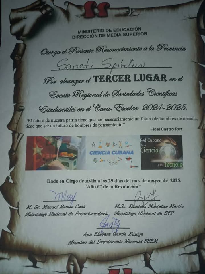 Sancti Spíritus tercer lugar en el Evento Regional Nacional de Sociedades Científicas de la Educación Media Superior. Muchas felicidades a todos los estudiantes y entrenadores. 
#SanctiSpíritusEnMarcha 
#CabaiguánEduca
<a href="/DailinTamayo6/">Dailin Tamayo</a>