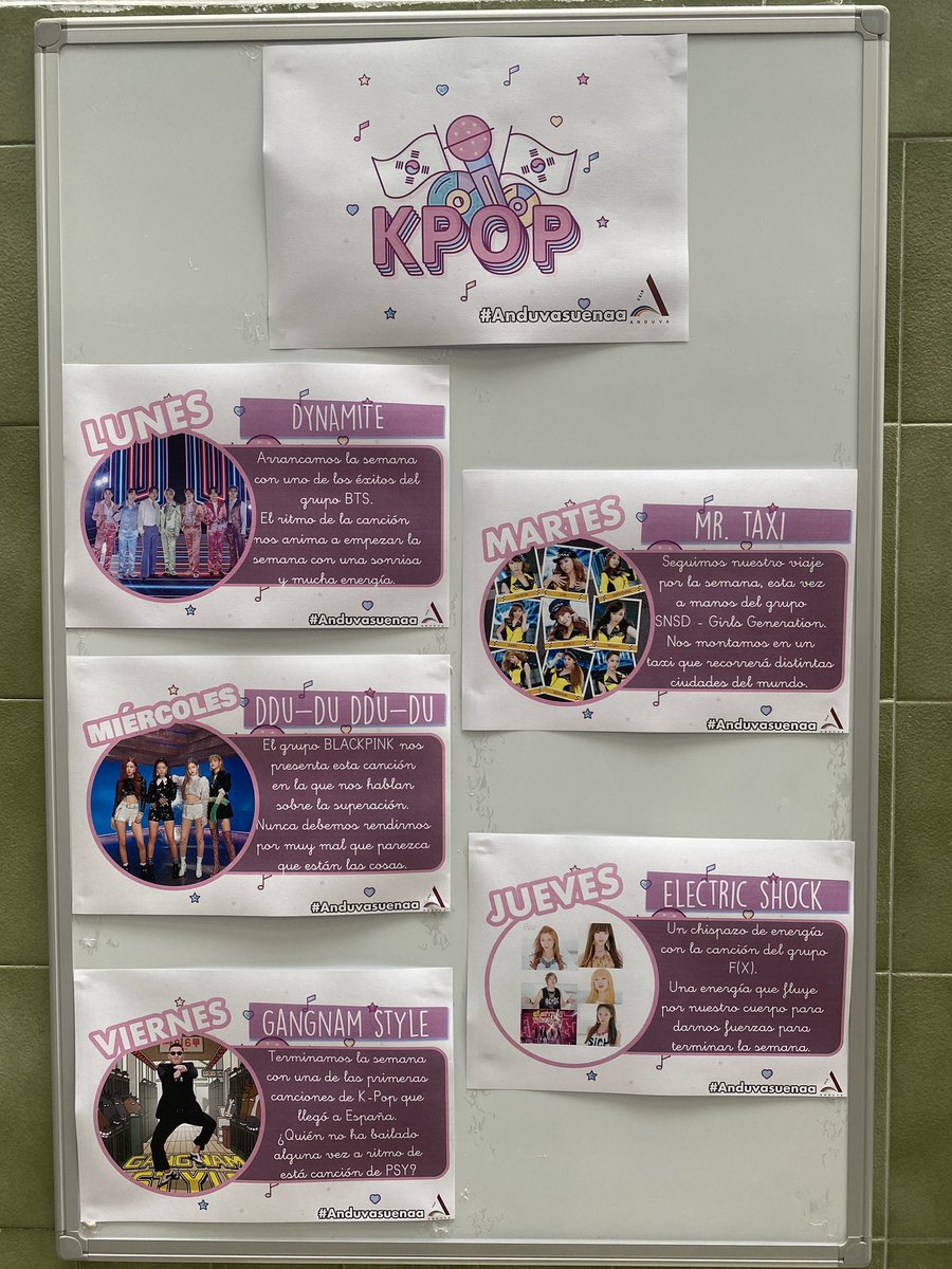 CEIP Anduva (@colegioanduva) on Twitter photo 🇰🇷 Esta semana #Anduvasuenaa viaja hasta Corea del Sur a ritmos de #KPOP.
La música de:
🧨 <a href="/bts_bighit/">BTS_official</a>
🚕 <a href="/GirlsGeneration/">Girls' Generation</a>
🥁 <a href="/BLACKPINK/">BLACKPINKOFFICIAL</a>
⚡ <a href="/AffxtionGlobal/">f(x) Global</a>
🪩 <a href="/psy_oppa/">PSY</a>
nos acompañan durante las entradas y salidas llenando el cole del ritmo de este país asiático. 🇰🇷 Esta semana #Anduvasuenaa viaja hasta Corea del Sur a ritmos de #KPOP.
La música de:
🧨 <a href="/bts_bighit/">BTS_official</a>
🚕 <a href="/GirlsGeneration/">Girls' Generation</a>
🥁 <a href="/BLACKPINK/">BLACKPINKOFFICIAL</a>
⚡ <a href="/AffxtionGlobal/">f(x) Global</a>
🪩 <a href="/psy_oppa/">PSY</a>
nos acompañan durante las entradas y salidas llenando el cole del ritmo de este país asiático.