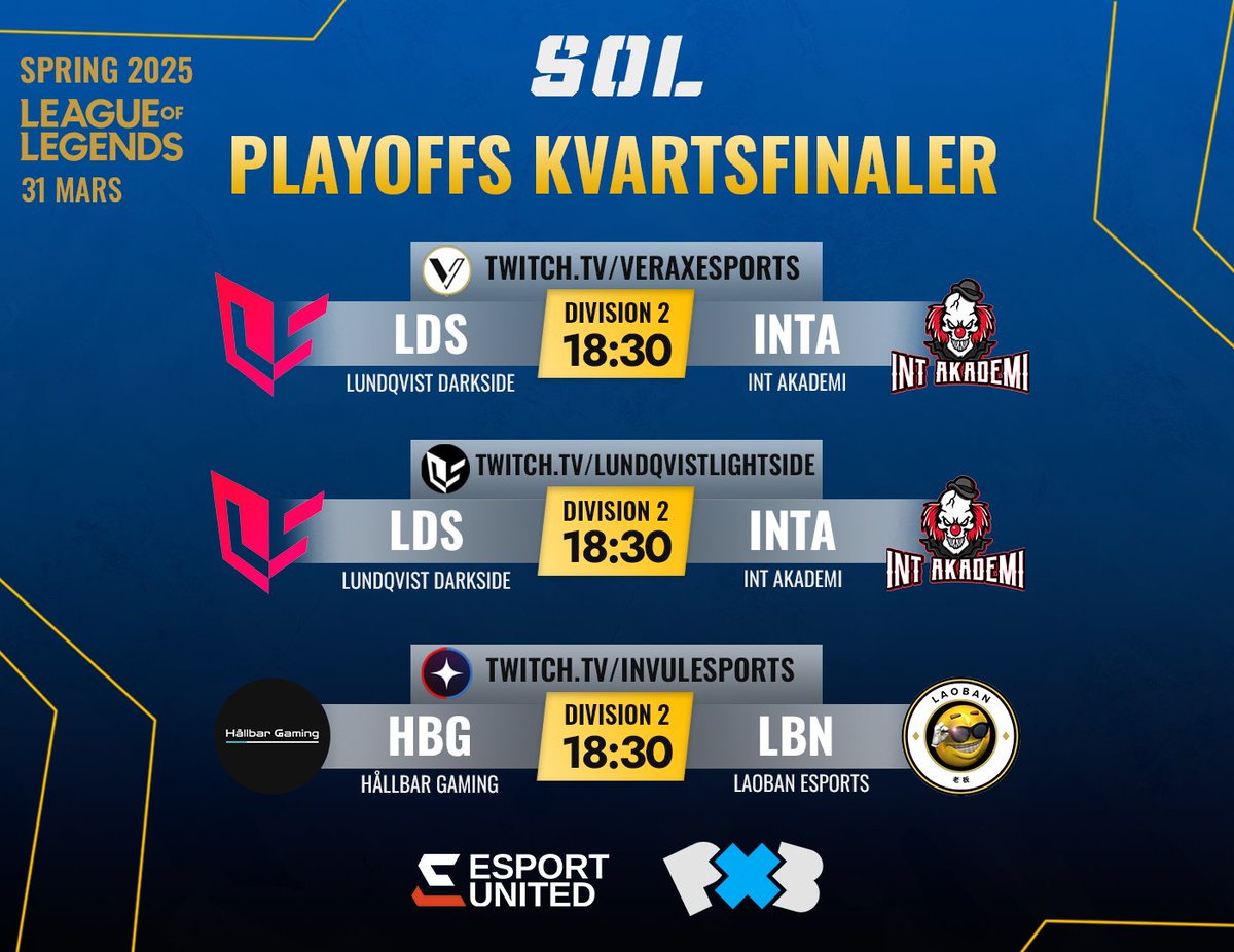 📢 Community streams | Kvartsfinaler Division 2 💫

Tyvärr är SOLs officiella stream inställd idag 😢 MEN ni kan fortfarande följa kvällens action via våra fantastiska community streamers! 🎙️

📺 <a href="/VeraxEsports/">Verax Esports</a> &amp; <a href="/LightsideSWE/">Lundqvist Lightside</a> stream:
 ⚔ Lundqvist Darkside 🆚 INT Akademi

📺