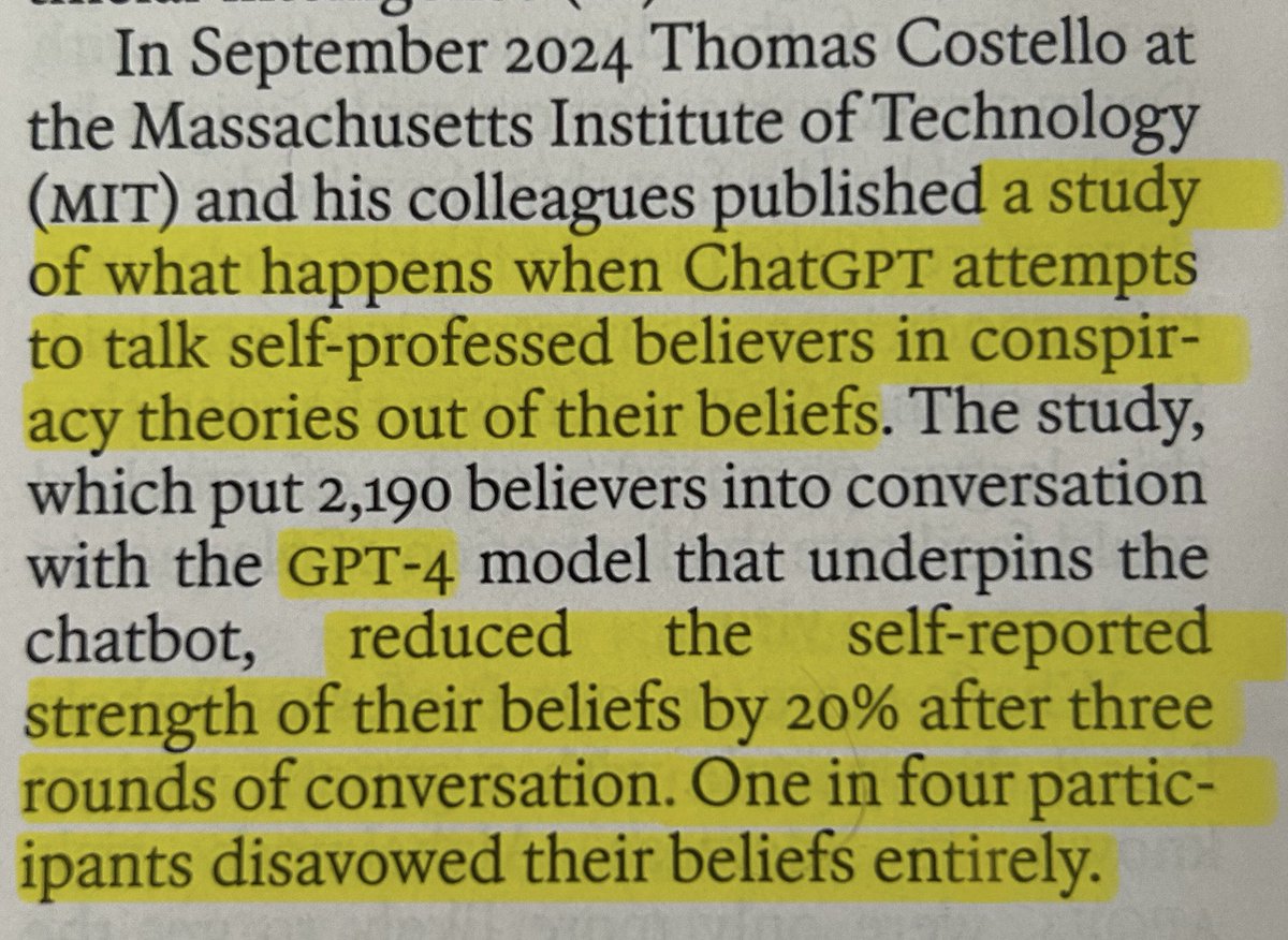 ChatGPT seems to be able to talk people out of believing conspiracy theories.

(via The Economist)