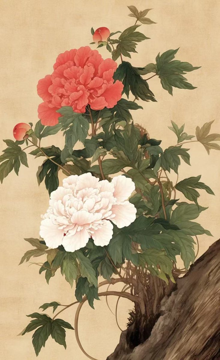 pingpang369's tweet photo. Scarlet & ivory peonies glow like dawn in spring—each lavish brushstroke a love letter to their regal beauty. 🌸
#FloralSplendor #GongbiPeony #ChineseBrushPainting https://t.co/xyrv6OJrIA