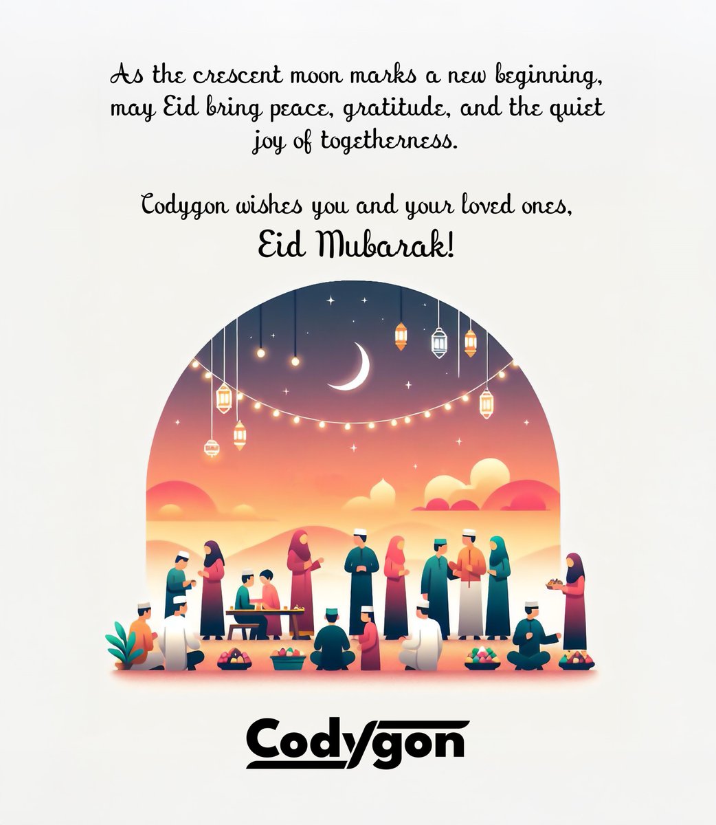 CodygonTech's tweet image. As the crescent moon signals a new beginning, may your days be touched by peace, your heart by gratitude, and your home by the quiet joy of togetherness.

Codygon wishes you and your loved ones, Eid Mubarak! 🌙

#Eid #EidMubarak #EidAlFitr #EidWishes