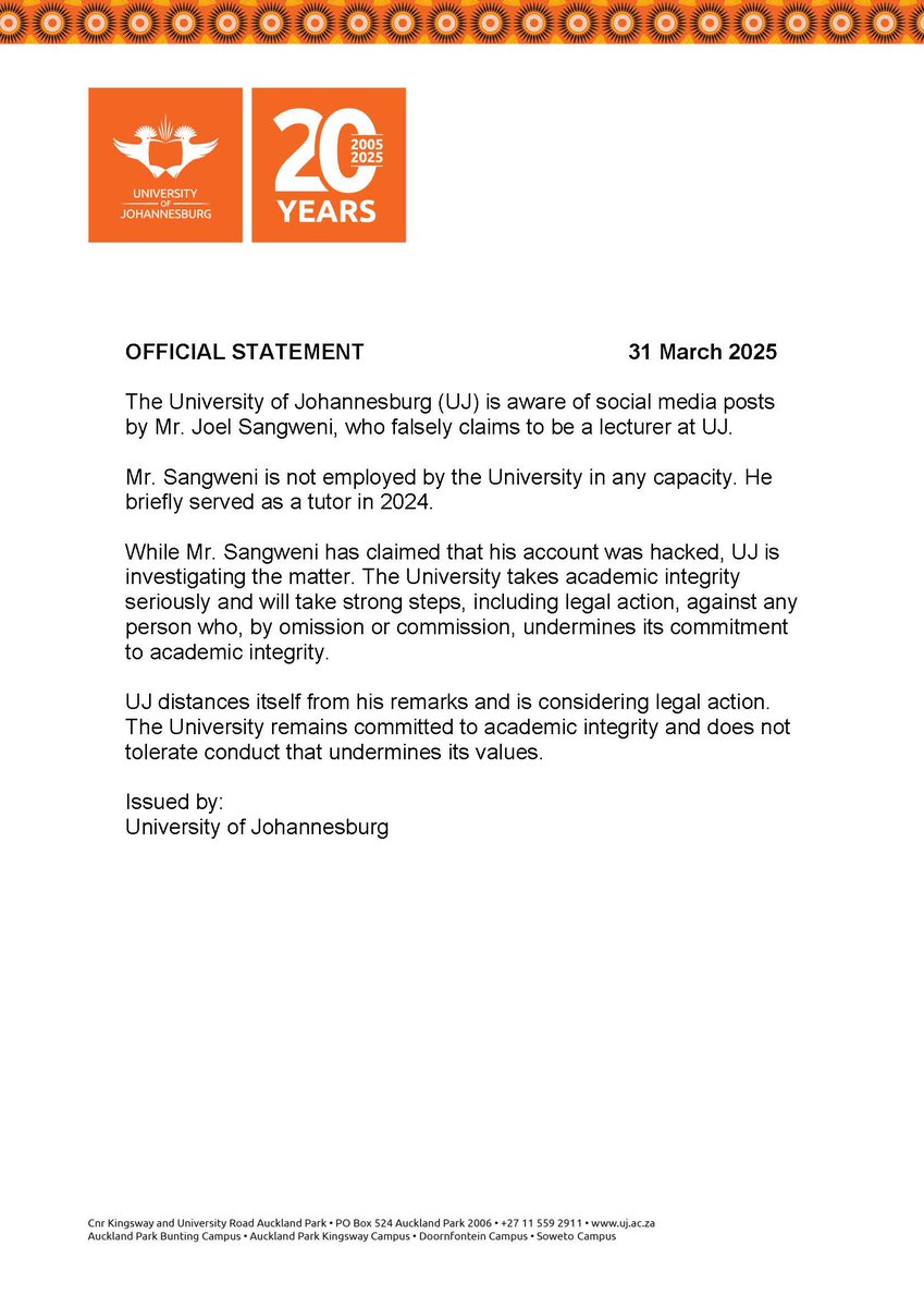 University of Johannesburg tweet media