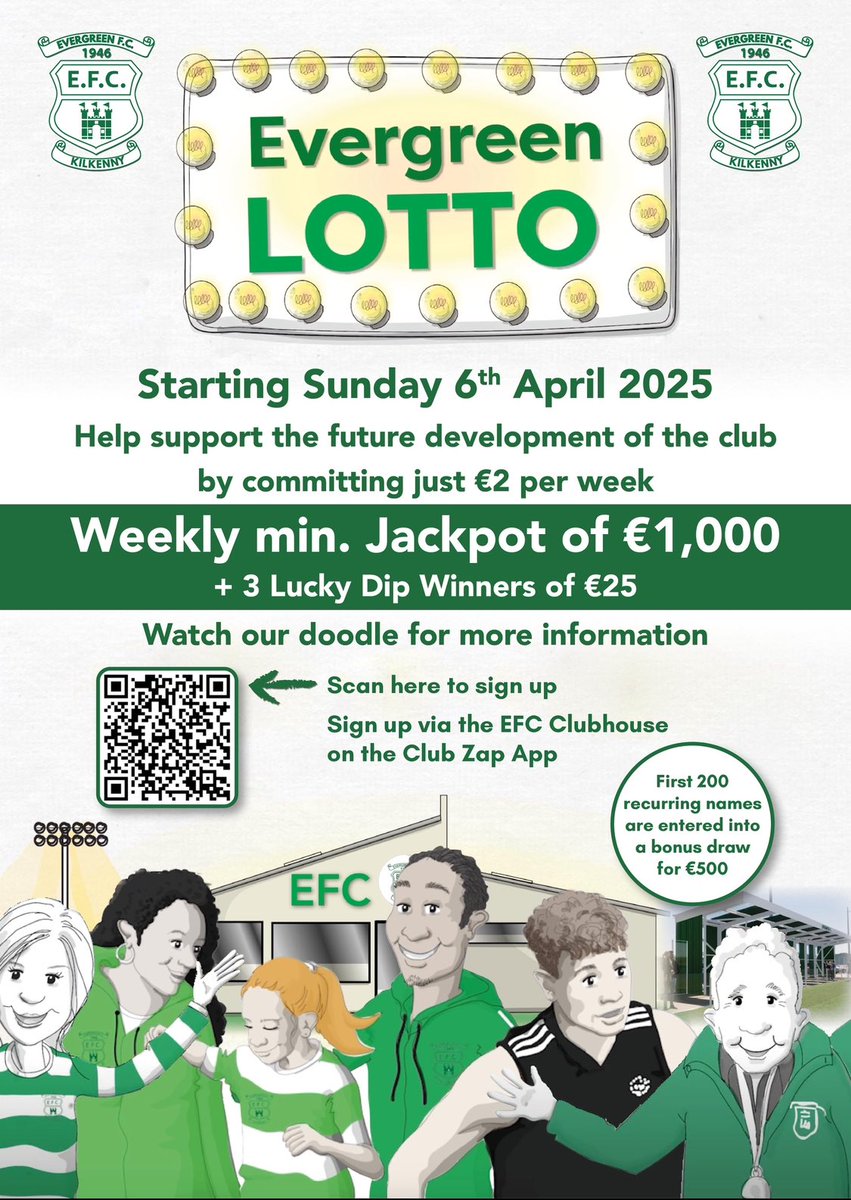 Folks the first draw is this Sunday!! To be in with a chance of not only winning €1,000 Jackpot but also €500 bonus draw, sign up today!!!
All money goes directly to improving club facilities 🍀⚽️💪🏻

evergreenfc.ie/products