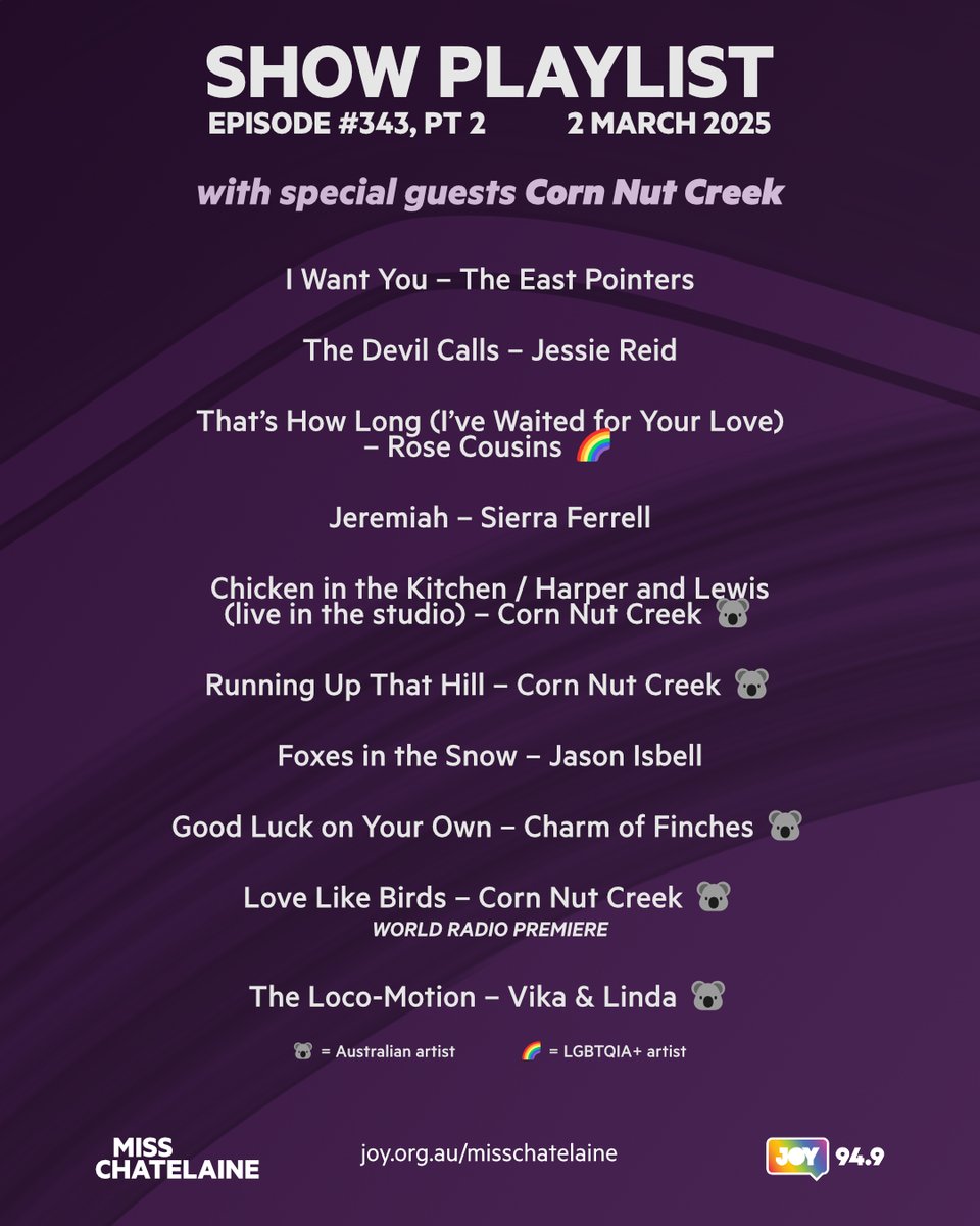 Miss Chatelaine JOY (@misschatjoy) on Twitter photo PODCAST: In-studio guests Corn Nut Creek chat & play live & it's the world-premiere radio play of their new song! Also fab songs by <a href="/TheEastPointers/">The East Pointers</a> <a href="/jessiereidmusic/">Jessie Reid</a> <a href="/rosecousins/">Rose Cousins</a> <a href="/SierraFerrell/">Sierra Ferrell</a> Jason Isbell <a href="/singingfinches/">Charm of Finches</a> Vika & Linda 😀🎶🏳️🌈🏳️⚧️ Hear here: podfollow.com/1215116967 PODCAST: In-studio guests Corn Nut Creek chat & play live & it's the world-premiere radio play of their new song! Also fab songs by <a href="/TheEastPointers/">The East Pointers</a> <a href="/jessiereidmusic/">Jessie Reid</a> <a href="/rosecousins/">Rose Cousins</a> <a href="/SierraFerrell/">Sierra Ferrell</a> Jason Isbell <a href="/singingfinches/">Charm of Finches</a> Vika & Linda 😀🎶🏳️🌈🏳️⚧️ Hear here: podfollow.com/1215116967