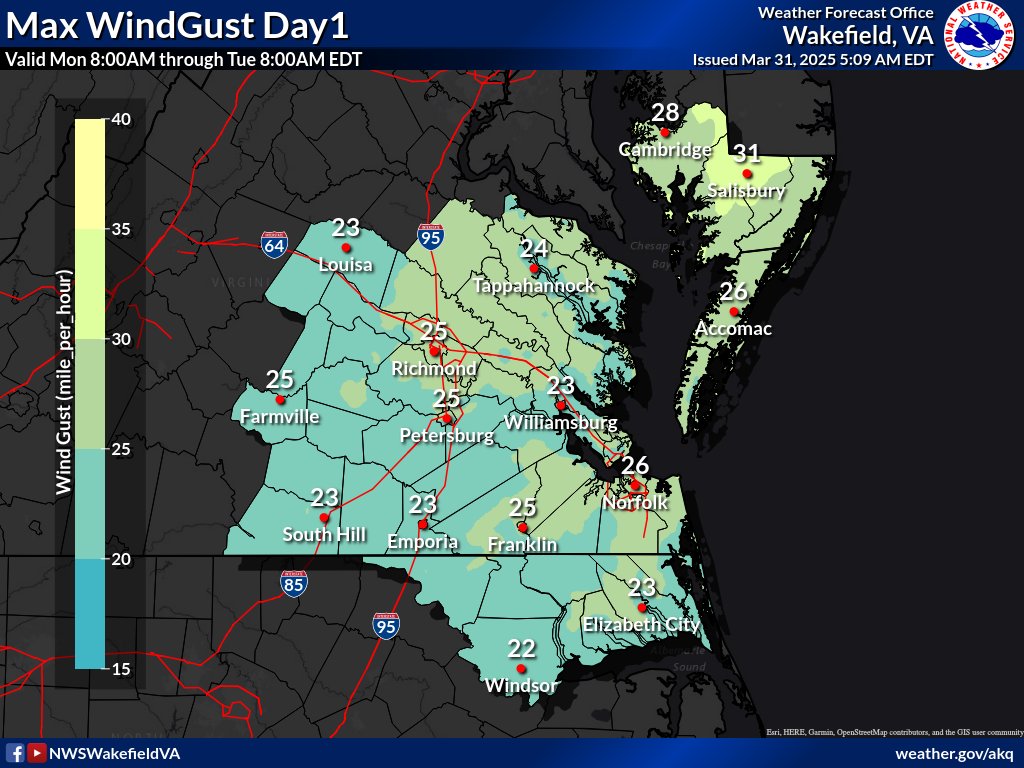 There is a slight (level 2/5) risk for severe storms later this afternoon into tonight. Damaging winds are the primary threat, but isolated large hail or tornadoes are also possible. Otherwise, warm and breezy today with highs in the lower 80s and max wind gusts of 25-30 mph.