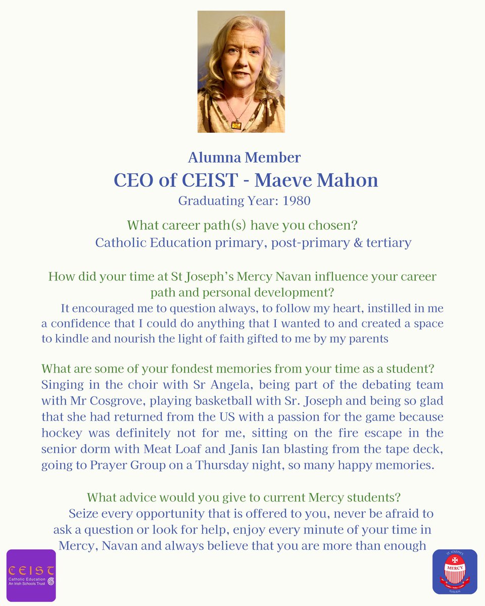 🌟Celebrating 100 years of Mercy Navan!🌟 

We're launching our Alumnae Project to share inspiring stories and connect generations. 

Our first profile is from Maeve Mahon, the CEO of our trustees, CEIST.

<a href="/mahonmeabh/">Maeve</a> <a href="/CeistTrust/">CEIST</a>