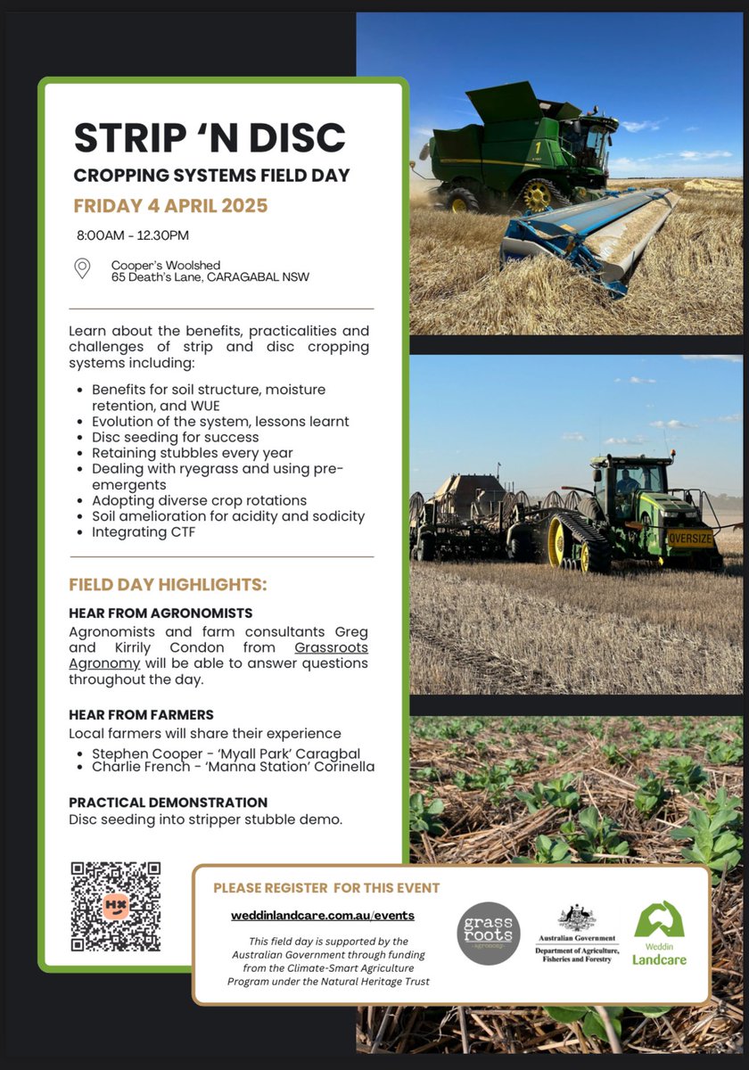 Growers or agronomists interested in disc seeding are invited to a field day at Caragabal, 4th April. 

Topics incl. disc setup, rotations, pre ems &amp; more. Hear from local growers <a href="/myallpark/">Stephen Cooper</a> &amp; <a href="/CDFrench1/">Charlie French</a> 

Hosted by Weddin Landcare &amp; the Cooper family, please register with the QR