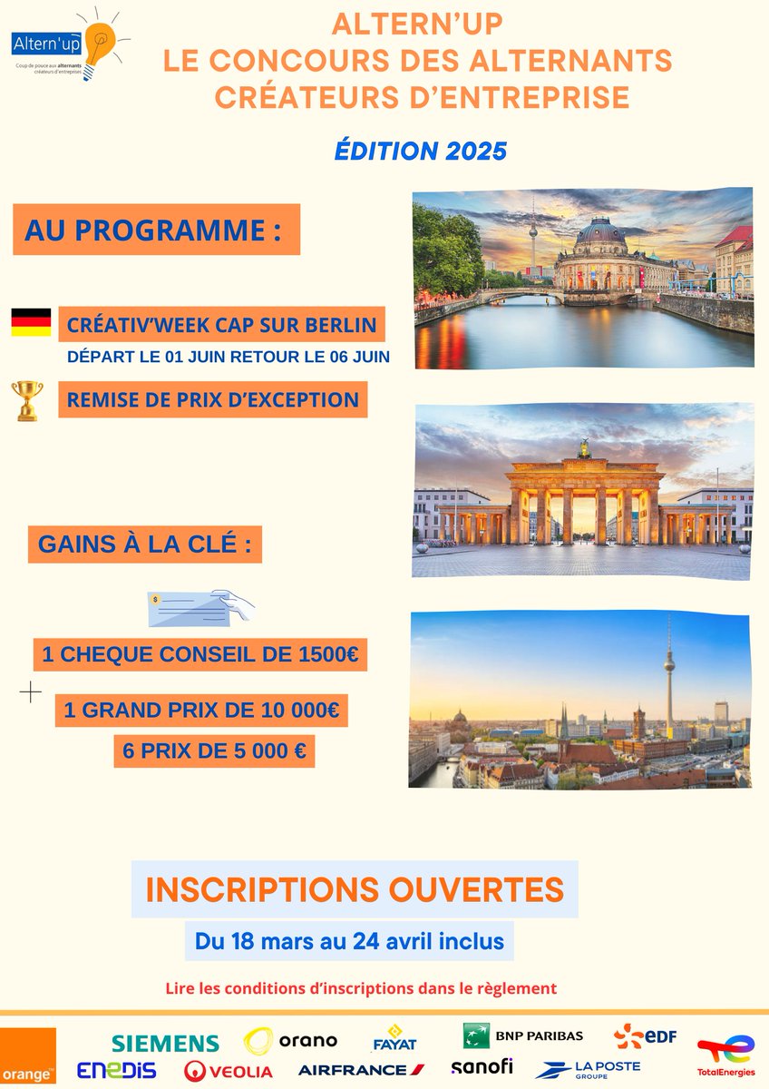 🚀 #Alternup 2025 est lancé ! 🚀
#Alternant chez Sanofi, Orange, EDF, TotalEnergies, Air France, etc. et une idée de #startup  ? Ce concours est fait pour toi ! 
🏆 7 prix à gagner, dont un Grand Prix de 10K € 
📅 Candidatures jusqu’au 24 avril.

DM @FIPA pour postuler !