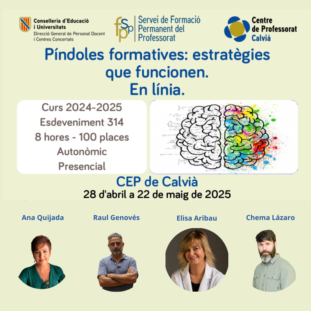Obert el període d'inscripció del cicle de conferències en línia: "Píndoles formatives: estratègies que funcionen".

Data límit d’inscripció: 23 d'abril de 2025.

On inscriure’s: A través del portal del personal.

Us esperem!

#cepcalvia
#edun_ib