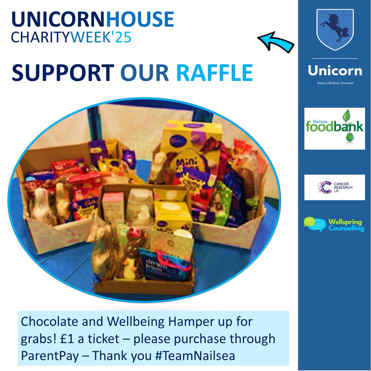 🔵UNICORN HOUSE CHARITY WEEK🔵
The increasingly popular Chocolate &amp; Wellbeing Hamper raffle is back! This time it's <a href="/nailseaunicorn/">Unicorn House</a>  House that have come up with the goods!
Tickets via Parent Pay - for £1 each
Any Q's see Mrs Nicholson - in U2 (the tutor group not the band).