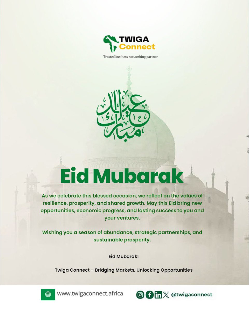 🌙 Eid Mubarak from Twiga Connect! 🌙

Wishing you peace, prosperity, and lasting success. May this Eid bring new opportunities and strategic partnerships for economic growth.

Eid Mubarak!

#TwigaConnect #EidMubarak #BusinessGrowth #StrategicPartnerships #SustainableProsperity