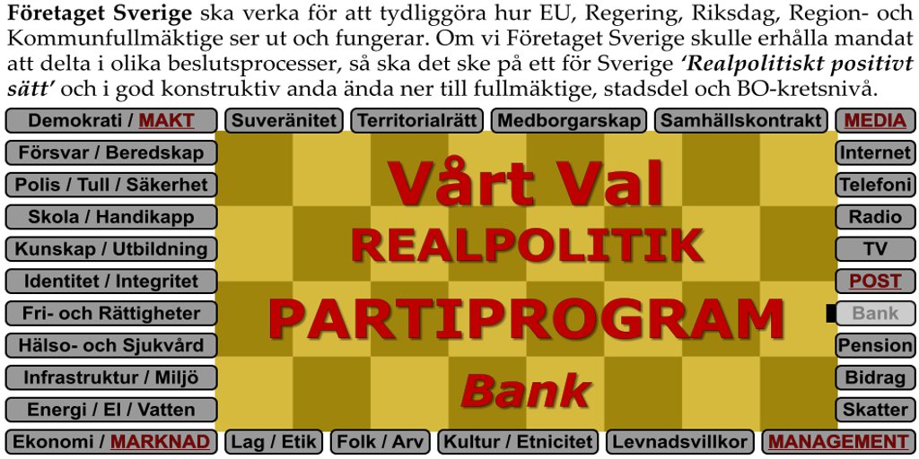FSredaktionen's tweet photo. Har Banker ett Samhällsansvar? Svaret är JA! Tar alla Banker som tillåts ha verksamhet här i Sverige sitt ansvar? Svaret är NEJ! Ska Kronofogden kunna neka driva in oseriösa låneskulder? Svaret är: Absolut JA! https://t.co/cWgunl8f4x #valet2026 #bostad #bopol #svpol #svpolitik
Pengar, Valuta och pengars Värde är ’Infrastruktur’, som innebär att vi Sveriges Medborgare, Organisationer, och Företag, alla vi ’utan undantag’ har rätt till ett Bankkonto! Banker i Sverige idag har blivit alltmer vinstdrivande och politiserade, vilket kräver att ’Staten’ går in och tar över!
Realpolitik inser att en Verksamhet, ’inkomster/utgifter’, kunna ta emot lön, spara och att betala räkningar, är en Medborgerlig rättighet. Företaget Sverige avser inrätta en Folkets ’Statsbank’ med för Marknaden ’vägledande’ konto-, låne- och räntevillkor som andra Banker har att rätta sig efter.