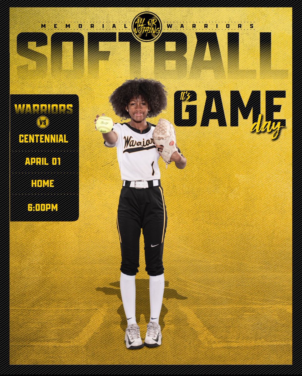 Memorial Warrior Softball (@memorial_sb) on Twitter photo Round 2 of district started on Saturday. The girls play Tuesday and Friday this week. Hoping the weather cooperates! Good luck, girls! 💛🖤🥎 Round 2 of district started on Saturday. The girls play Tuesday and Friday this week. Hoping the weather cooperates! Good luck, girls! 💛🖤🥎