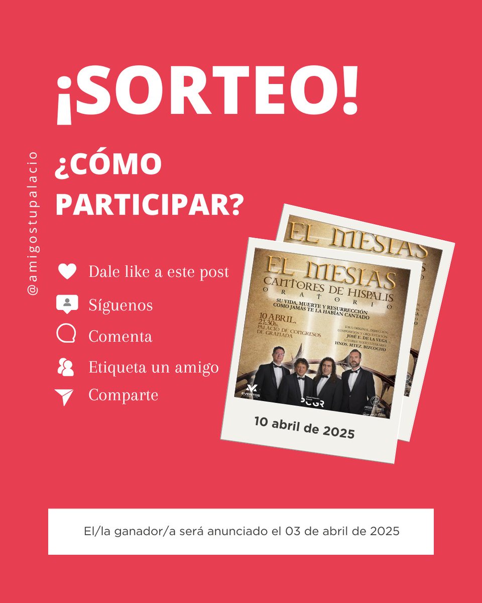 AmigosTuPalacio's tweet photo. #SORTEO 🌸🎸hasta el 02/04
2 🎟️ Cantores de Híspalis. El Mesías #Granada

✅ Sigue @AmigosTuPalacio
✅ Menciona 2 amigos 🎯
✅ RT 🔁 y Comenta 💬 al menos un beneficio de #AmigosdeTuPalacio

📢Ganador 03/04 por DM
📜 https://t.co/nybBOEMF0D https://t.co/v5rnPTuepk
