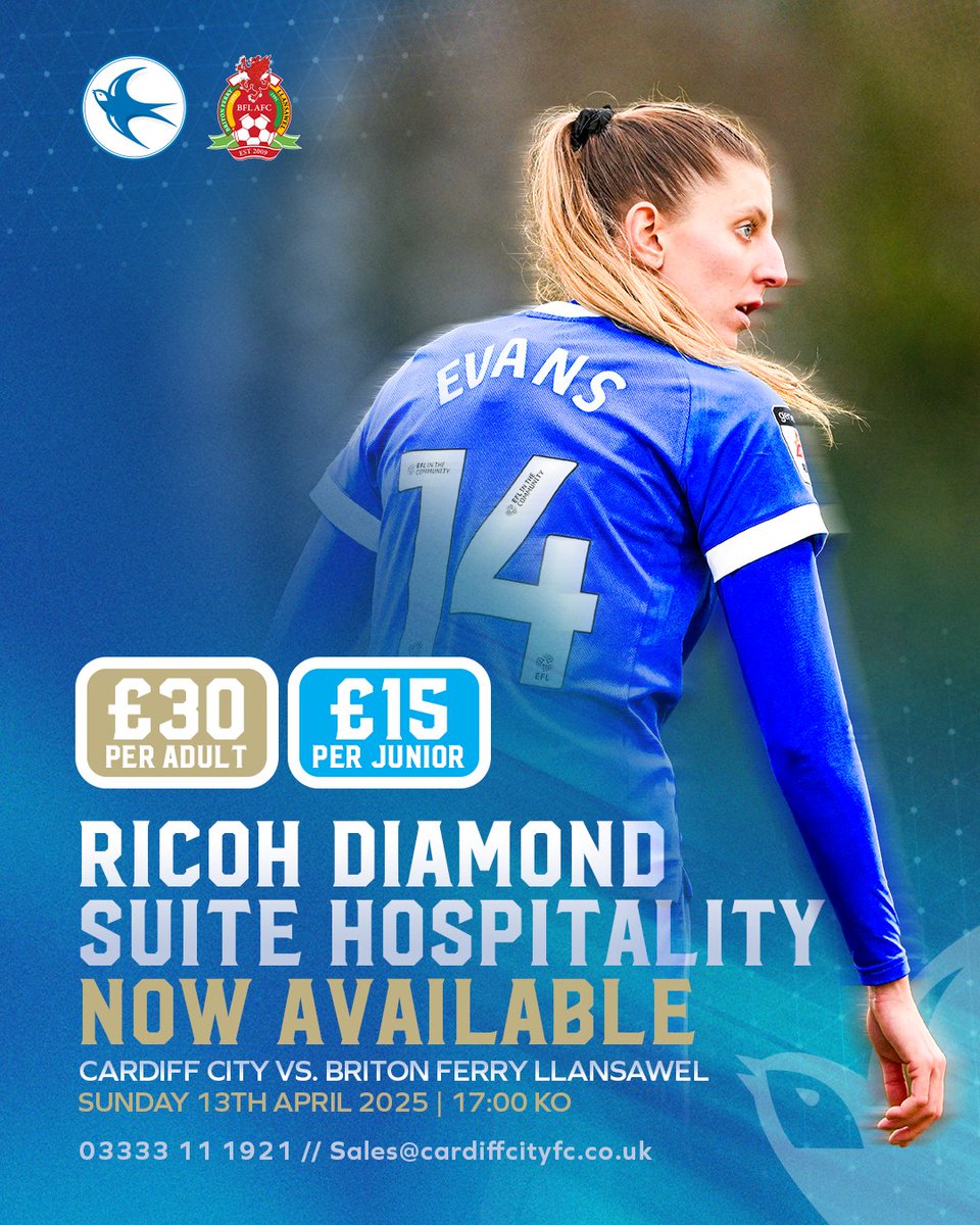 Cardiff City FC Hospitality (@cityhospitality) on Twitter photo Join us to celebrate <a href="/CardiffCityFCW/">Cardiff City FC Women</a>’s triumphant league win! 🏆⚽💙
📅 Sunday, 13th April
🥂 Ricoh Lounge
🎟️ £30 adults | £15 juniors
Book now ➡️ bit.ly/3H5j7EU
📞 0333 311 1921
📧 sales@cardiffcityfc.co.uk
#CityAsOne Join us to celebrate <a href="/CardiffCityFCW/">Cardiff City FC Women</a>’s triumphant league win! 🏆⚽💙
📅 Sunday, 13th April
🥂 Ricoh Lounge
🎟️ £30 adults | £15 juniors
Book now ➡️ bit.ly/3H5j7EU
📞 0333 311 1921
📧 sales@cardiffcityfc.co.uk
#CityAsOne