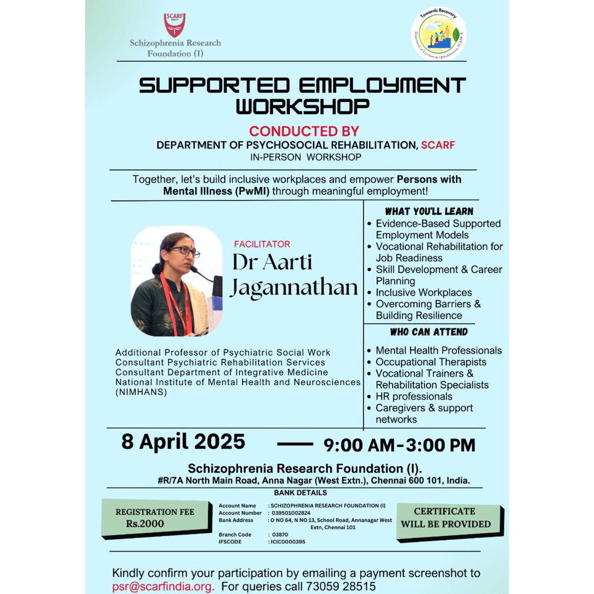 SCARF organises a workshop on "Supported Employment' on 8th April between 9 AM &amp; 3PM. Register for Participation.Lookout for the revised poster for more information

#mentalhealthprofessionals #workshop #humanresources #students #psychosocialrehabilitation
