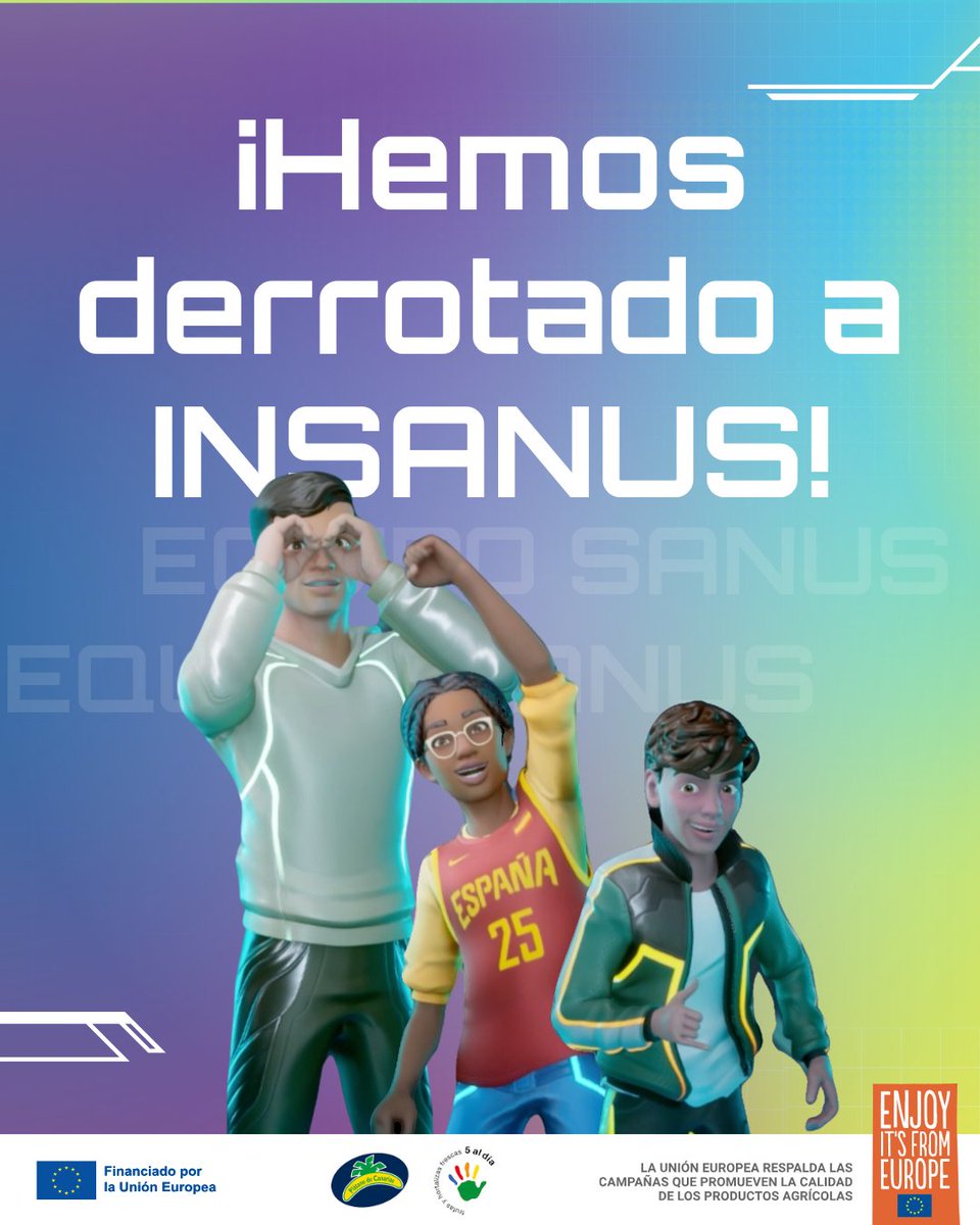 La fruta da vida extra (@lafrutatedavida) on Twitter photo ¡Misión cumplida! Hemos logrado derrotar a #INSANUS.
<a href="/Pedri/">Pedri González</a> , Adriana, y Juan han liderado la lucha representando al equipo #SANUS, pero los verdaderos héroes habéis sido vosotros.
#ConsumeFrutasYHortalizasEuropeas
<a href="/platanosiempre/">Plátano de Canarias 🍌</a> <a href="/5aldiaspain/">5 al día</a> ¡Misión cumplida! Hemos logrado derrotar a #INSANUS.
<a href="/Pedri/">Pedri González</a> , Adriana, y Juan han liderado la lucha representando al equipo #SANUS, pero los verdaderos héroes habéis sido vosotros.
#ConsumeFrutasYHortalizasEuropeas
<a href="/platanosiempre/">Plátano de Canarias 🍌</a> <a href="/5aldiaspain/">5 al día</a>