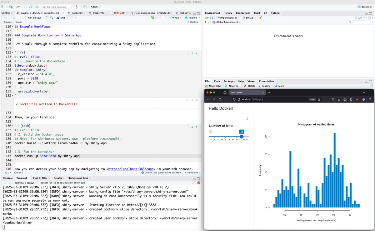 Introducing dockitect: A new #rstats 📦 for programmatically creating and managing Dockerfiles 🐳 with pipe-friendly syntax! 

Quickly containerize your R projects with specialized templates for scripts, #rshiny apps, and more. 

📝 Post: blog.thecoatlessprofessor.com/programming/r/…