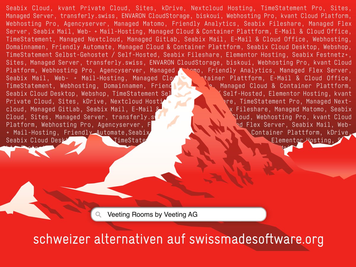 swissmade_sw's tweet image. Immer nur Zoom &amp;amp; Co? Falsch. Firma Veeting AG bietet mit Veeting Rooms eine Schweizer Alternative! Weitere Schweizer Software-Alternativen finden sich auf swissmadesoftware.org/schweizer-alte…
#swissvideoconferencing #dataprivacy #videoconferencing #schweizeralternativen #swissmadesoftware