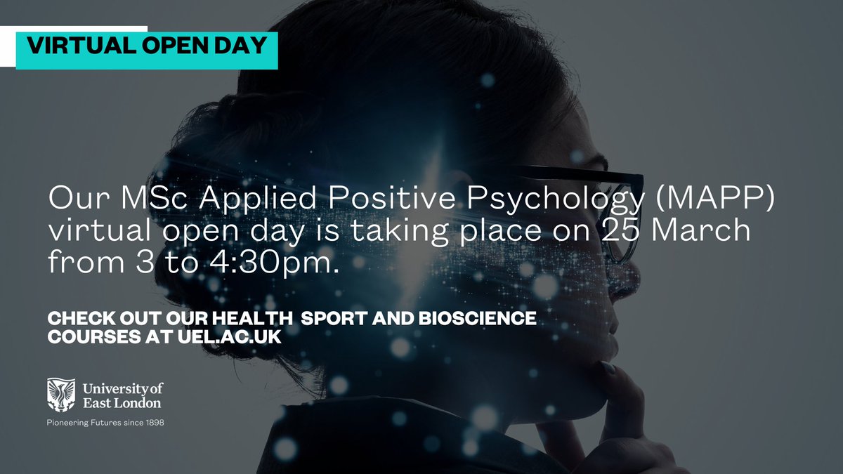 Come along to our virtual open day to learn more about our specialised pathways under our MSc Applied Positive Psychology (MAPP). 🧠

This course offers on-campus and distance learning. 

Register to attend 🔗 uel.ac.uk/about-uel/even…

#UELopenday
