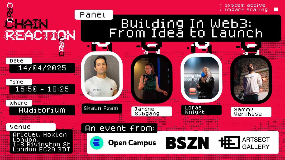 ChainReaction (@chainr3actionuk) on Twitter photo Panel Announcement: Building in Web3: From Idea to Launchπ
Featuring:
Janine Subgang β Co-Founder, <a href="/Bizzed_AI/">Bizzed AI</a>
Sammy Verghese β CEO, <a href="/DegenDistillery/">Degen Distillery</a>
Shaun Azam β Co-Founder, <a href="/SweatEconomy/">SWEATπ§</a>
Moderated by <a href="/Lorae_Kn/">LoraeK.ethπΏ</a>- Founder of Web 3 Demo Day
Sign up: lu.ma/mr35ddgr Panel Announcement: Building in Web3: From Idea to Launchπ
Featuring:
Janine Subgang β Co-Founder, <a href="/Bizzed_AI/">Bizzed AI</a>
Sammy Verghese β CEO, <a href="/DegenDistillery/">Degen Distillery</a>
Shaun Azam β Co-Founder, <a href="/SweatEconomy/">SWEATπ§</a>
Moderated by <a href="/Lorae_Kn/">LoraeK.ethπΏ</a>- Founder of Web 3 Demo Day
Sign up: lu.ma/mr35ddgr