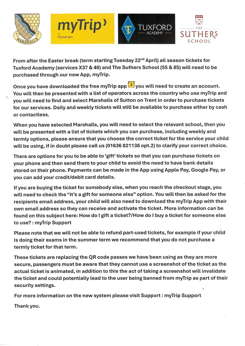 Marshalls joins <a href="/myTripBus/">myTrip</a>  Important information for parents of students travelling on services X37/40 to <a href="/TuxfordAcademy/">Tuxford Academy</a> or services 55/85 to The Suthers School after Easter: