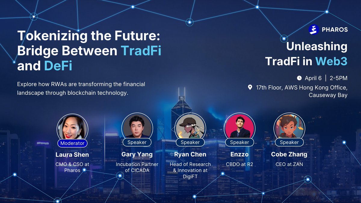 pharos_network's tweet photo. Unveiling our RWA tokenization panel, featuring:
@gary_yangge, Incubation Partner of @CicadaFinance
@ciz233, Head of Research & Innovation at @DigiFTTech
@crypto_enzzo, CBDO at @r2yield
Cobe Zhang, CEO at @zan_team

Moderated by @laurashen, CMO & CSO at Pharos

📅 April 6, 2025
🔗 RSVP: https://t.co/qBfK1Zr528

Unpack challenges & the future of RWAs on-chain.