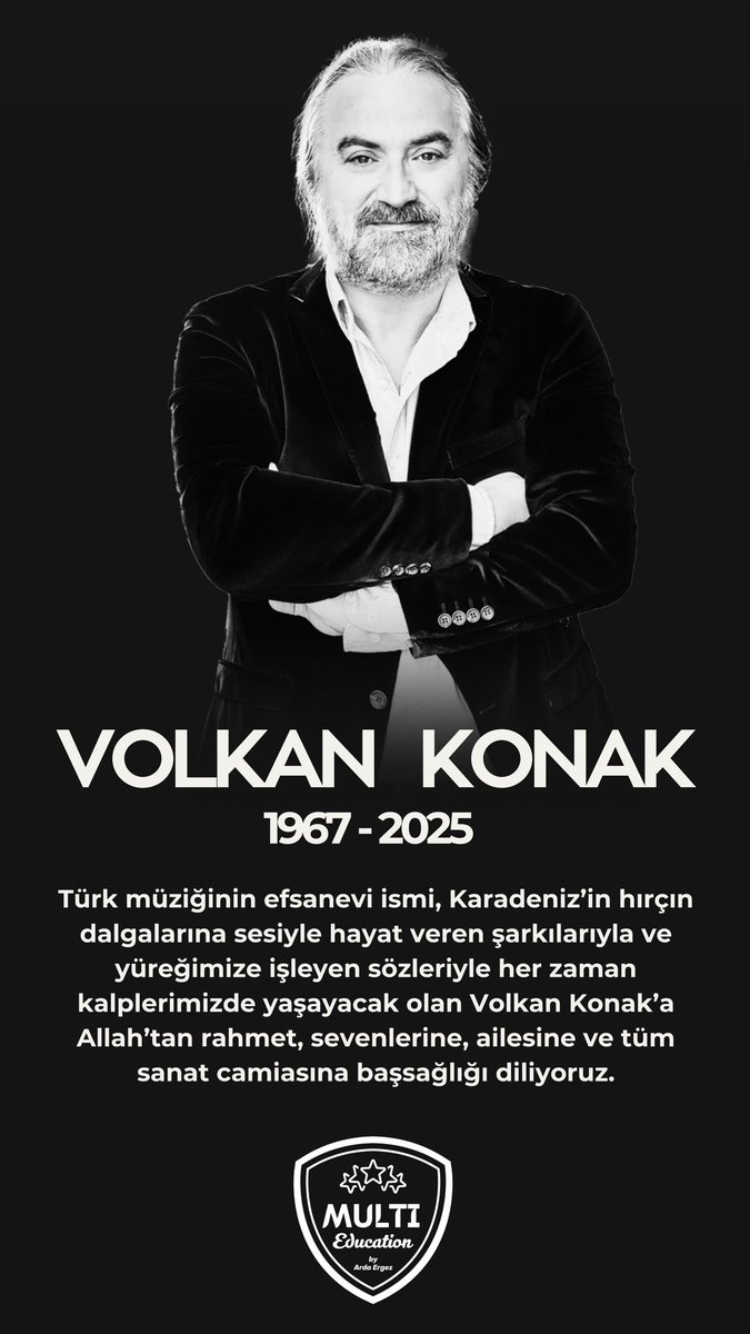 Türk müziğinin efsanevi ismi, Karadeniz’in hırçın dalgalarına sesiyle hayat veren şarkılarıyla ve yüreğimize işleyen sözleriyle her zaman  kalplerimizde yaşayacak olan Volkan Konak’a Allah’tan rahmet,sevenlerine,ailesine ve tüm sanat camiasına başsağlığı diliyoruz. 
#VolkanKonak