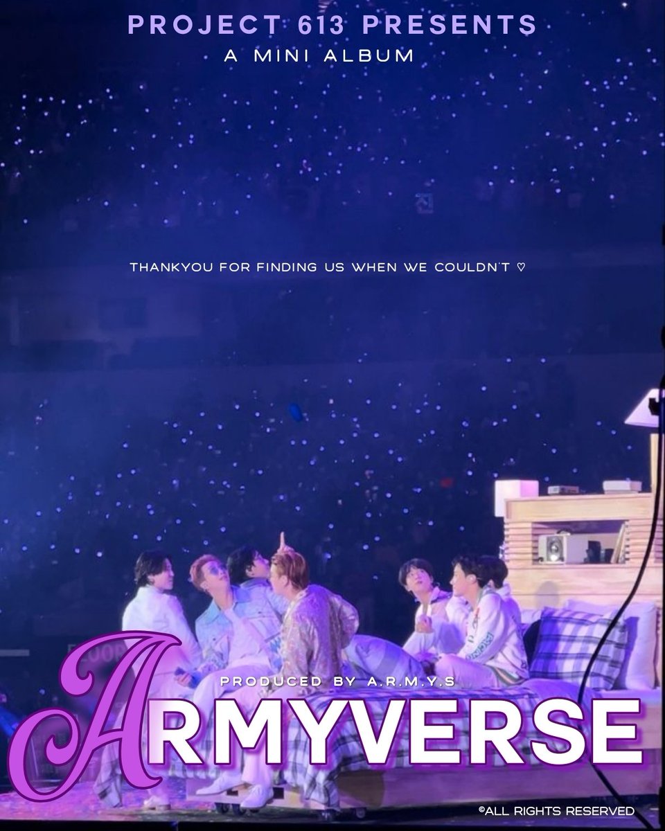 MiaCara_'s tweet photo. @AboutMusicYT 🌟A MINI ALBUM: ARMYVERSE 🌟
Thousands of memories poured in the songs where we remember them in every word we sing. A gift of gratitude from the ARMYS for finding us when we couldn't.💜
IG: armyverse.613

#JHOPE #project613 #BTS #JUNGKOOK #BTSJIN #BTSV #BTSSUGA #btsJimin #BTSRM https://t.co/zdT1KfH0R8