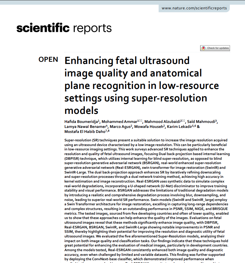 New publication on how AI can improve fetal ultrasounds images in low-resource settings!🌍
We showed that the 𝗥𝗲𝗮𝗹-𝗘𝗦𝗥𝗚𝗔𝗡 𝗺𝗼𝗱𝗲𝗹 was the most effective, improving both image quality &amp; diagnostic accuracy.

🔗 Read our publication here: lnkd.in/dQN8Ryys