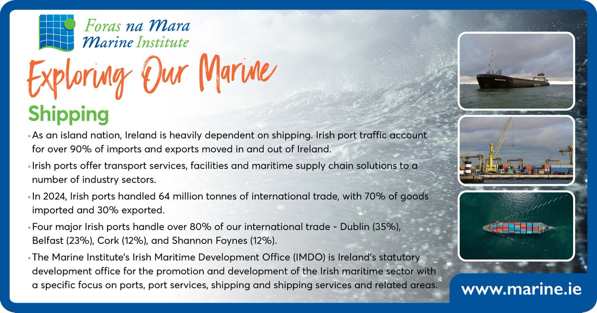 Marine Institute (@marineinst) on Twitter photo 🌊 Exploring Our Marine: Shipping
As an island nation, Ireland relies on shipping for over 90% of its imports and exports.
✅ 64 million tonnes of international trade handled in 2024
✅ 4 major ports handle 80% of trade
The Marine Institute’s <a href="/IMDOIreland/">Irish Maritime Development Office (IMDO)</a> supports the 🌊 Exploring Our Marine: Shipping
As an island nation, Ireland relies on shipping for over 90% of its imports and exports.
✅ 64 million tonnes of international trade handled in 2024
✅ 4 major ports handle 80% of trade
The Marine Institute’s <a href="/IMDOIreland/">Irish Maritime Development Office (IMDO)</a> supports the