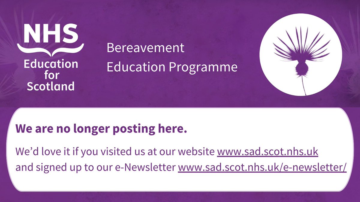 NES_Bereavement's tweet image. We are no longer posting here.
We'd love if you visited us at our website - sad.scot.nhs.uk and signed up to our e-Newsletter - bit.ly/4jcqf2X