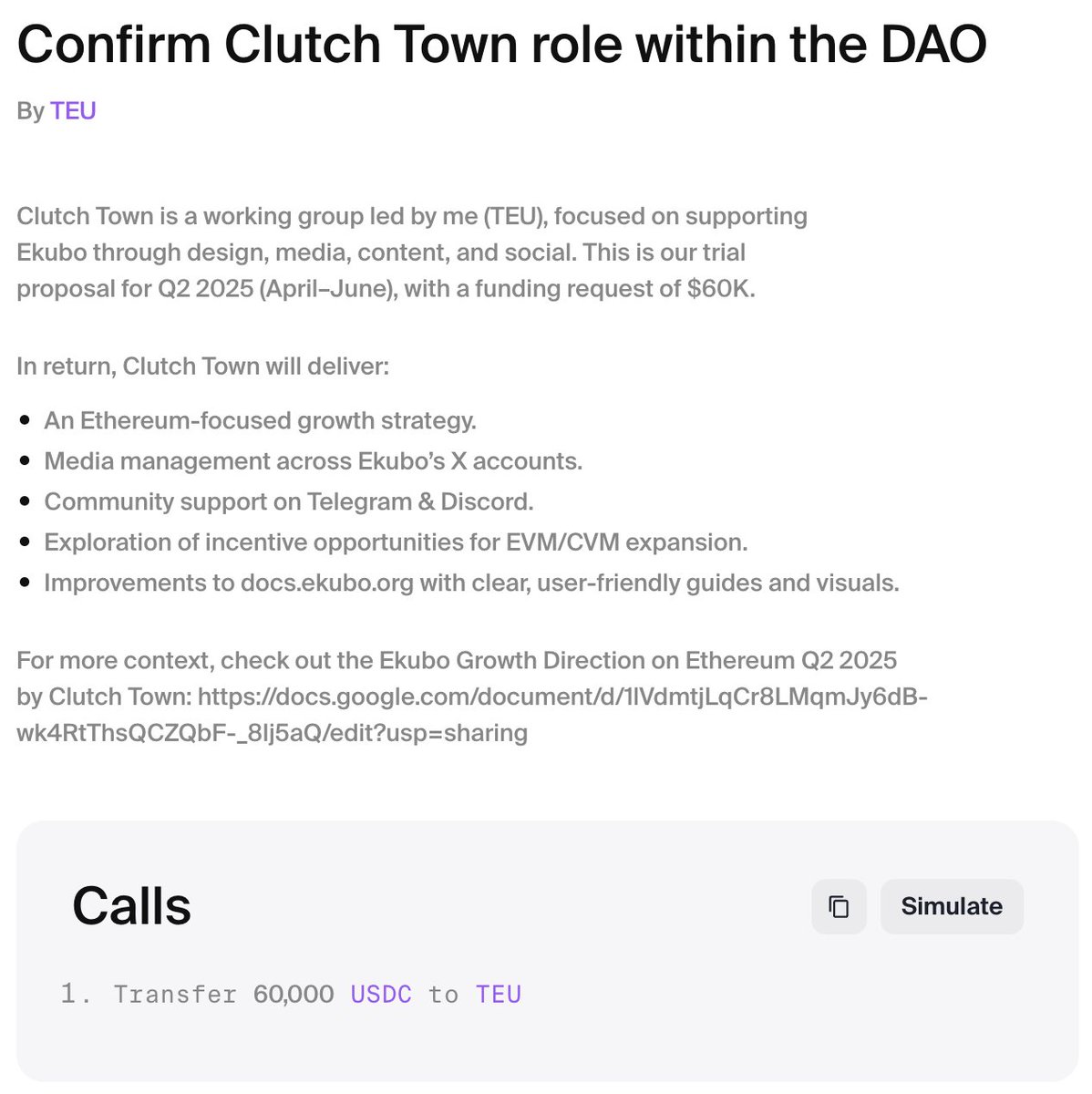 0x_TEU's tweet photo. Most of our team has been working full-time since the beginning of the month to prepare this proposal 🫡
👉 https://t.co/bkp3F5aN8H

It’s been revised based on feedback from discussions on Discord. I’ve added a 3-month trial period for Clutch Town and restructured parts of our overall plan to ensure we can deliver clear results by the end of Q2.

Original proposal & work updates: Confirm Clutch Town role in DAO:  https://t.co/9XWhkauCuu

Ekubo Growth Direction on Ethereum – Q2 2025: https://t.co/hU6ZAHLfjy