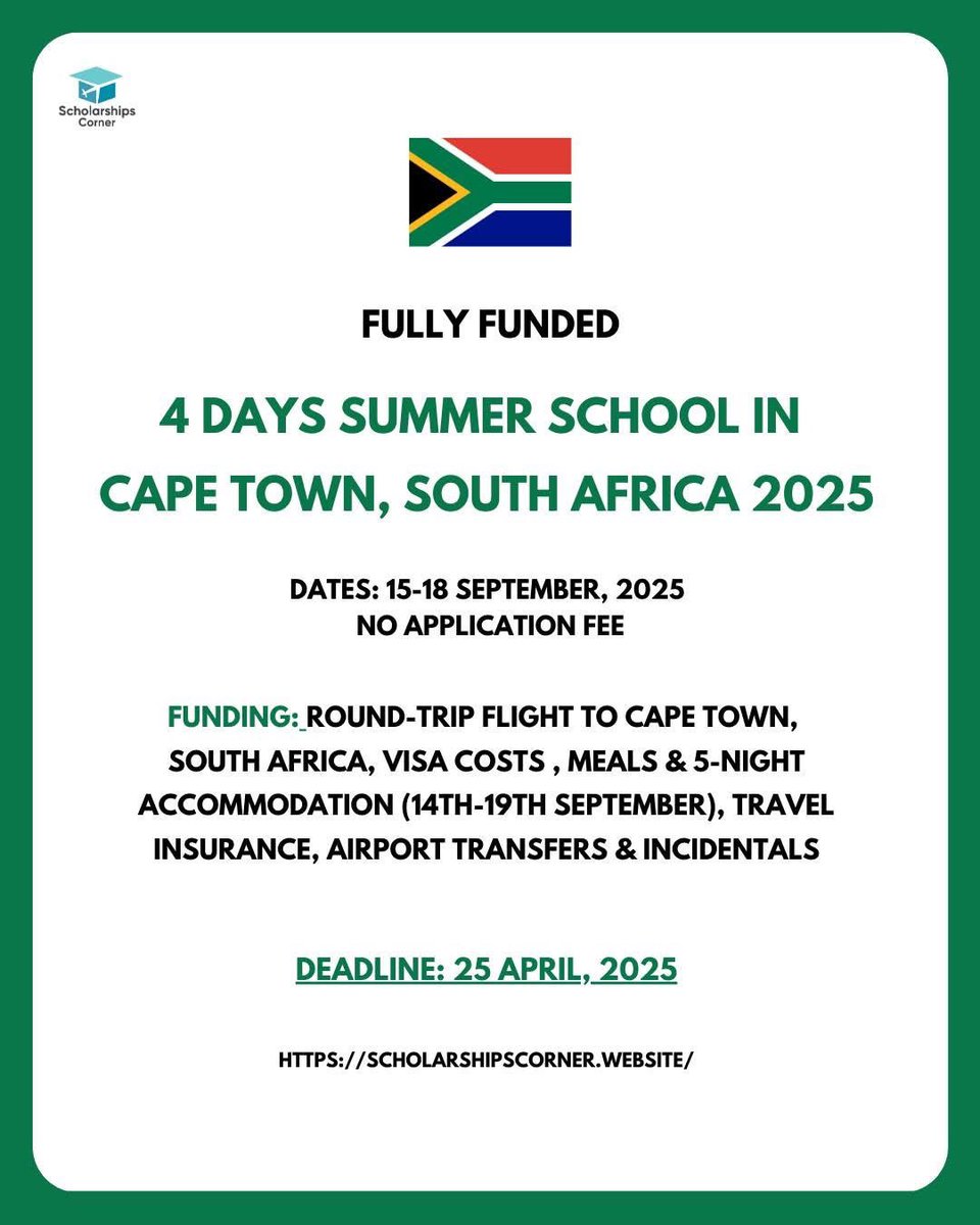 GHBN Summer School 2025 in South Africa | Fully Funded

Location: Cape Town 

Link: scholarshipscorner.website/ghbn-summer-sc…

Credit:  Global Health Bioethics Network (GHBN)
All information is sourced and rewritten from official websites. For credit, please email or text us.