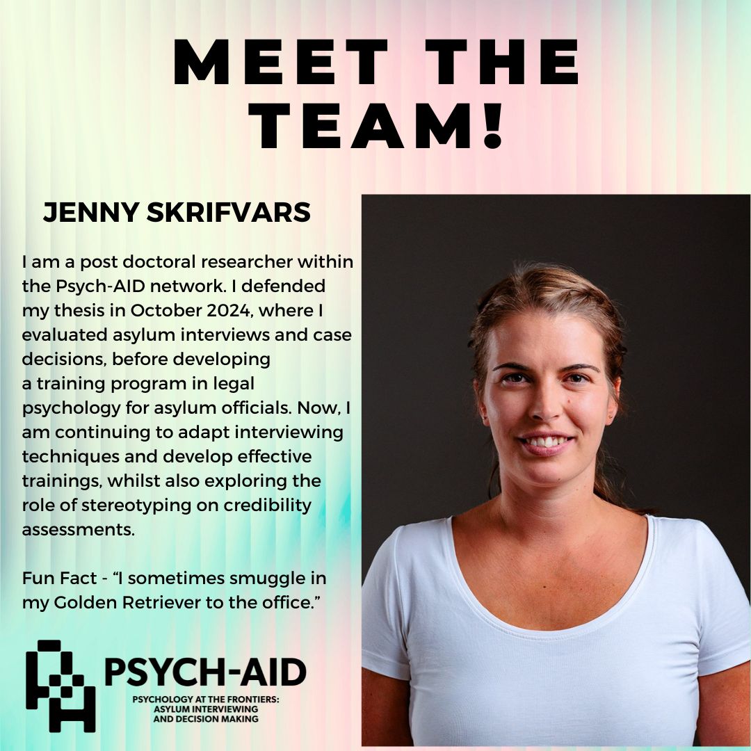 Psych-AID (@psychaid) on Twitter photo We are very excited to introduce you to our fab research team! <a href="/JennySkrifvars/">Jenny Skrifvars</a> is a postdoc researcher within Psych-AID, whose research focuses on adapting interviewing techniques to the asylum context. Reach out to us with questions about Jenny's research or for collaborations! We are very excited to introduce you to our fab research team! <a href="/JennySkrifvars/">Jenny Skrifvars</a> is a postdoc researcher within Psych-AID, whose research focuses on adapting interviewing techniques to the asylum context. Reach out to us with questions about Jenny's research or for collaborations!