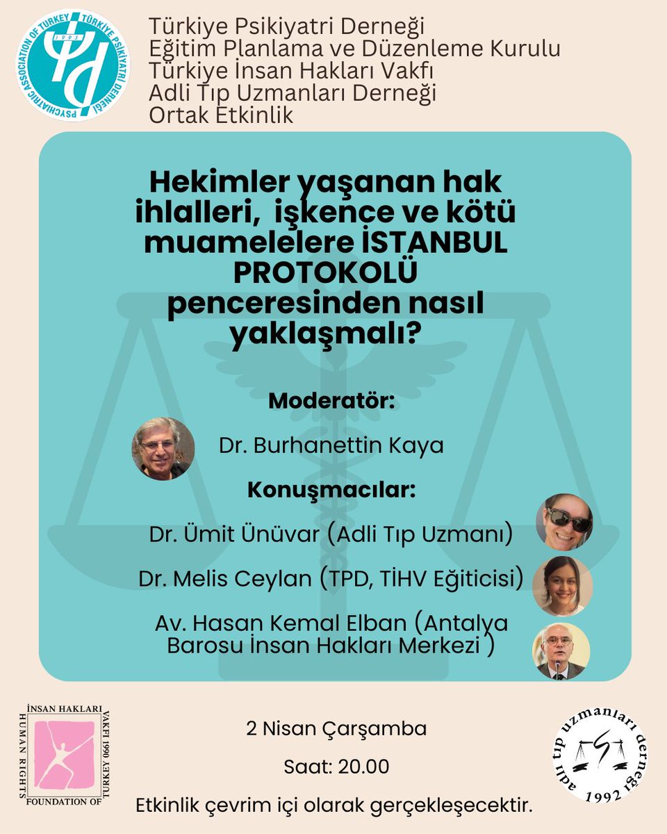 Değerli Meslektaşlarımız,

Türkiye Psikiyatri Derneği Eğitim Planlama Düzenleme Kurulu’nun Türkiye İnsan Hakları Vakfı ve Adli Tıp Uzmanları Derneği ile ortak olarak gerçekleştireceği ‘’Hekimler yaşanan hak ihlalleri,  işkence ve kötü muamelelere İSTANBUL PROTOKOLÜ penceresinden