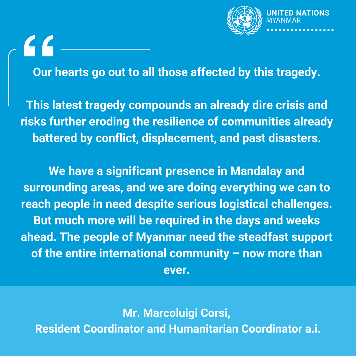 pierre_peron's tweet photo. 🚨#Myanmar : @UNinMyanmar statement on the #Earthquake Response

🗨️ "The United Nations calls for unimpeded humanitarian access for humanitarian convoys, medical personnel, and assessment teams to all affected regions, regardless of location or control."

https://t.co/BPXGez3nUL https://t.co/XGFOIzh6to