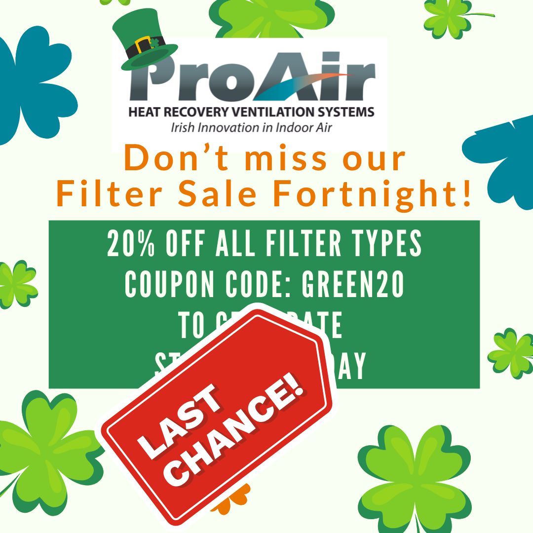LAST CHANCE! Our Filter Sale Fortnight ENDS midnight TODAY, use the coupon code GREEN20 and get 20% off all filter sales.
To keep your ProAir system working effectively it is important to change the filters, don't miss out!
VISIT: proair.ie/shop/
#MVHR #indoorairquality